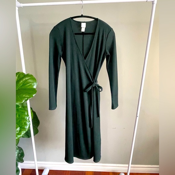 Forest Green Long Sleeve Midi H&M Wrap Dress Size S - Picture 1 of 3
